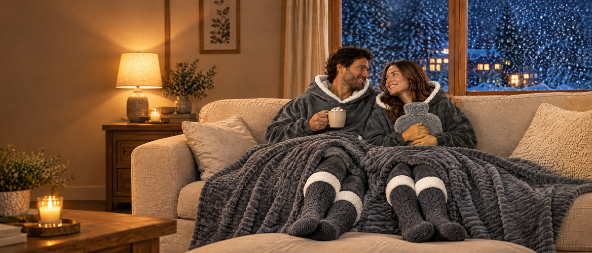 Couple en sweats plaids gris et chaussettes pilou-pilou grises sous un plaid gris foncé