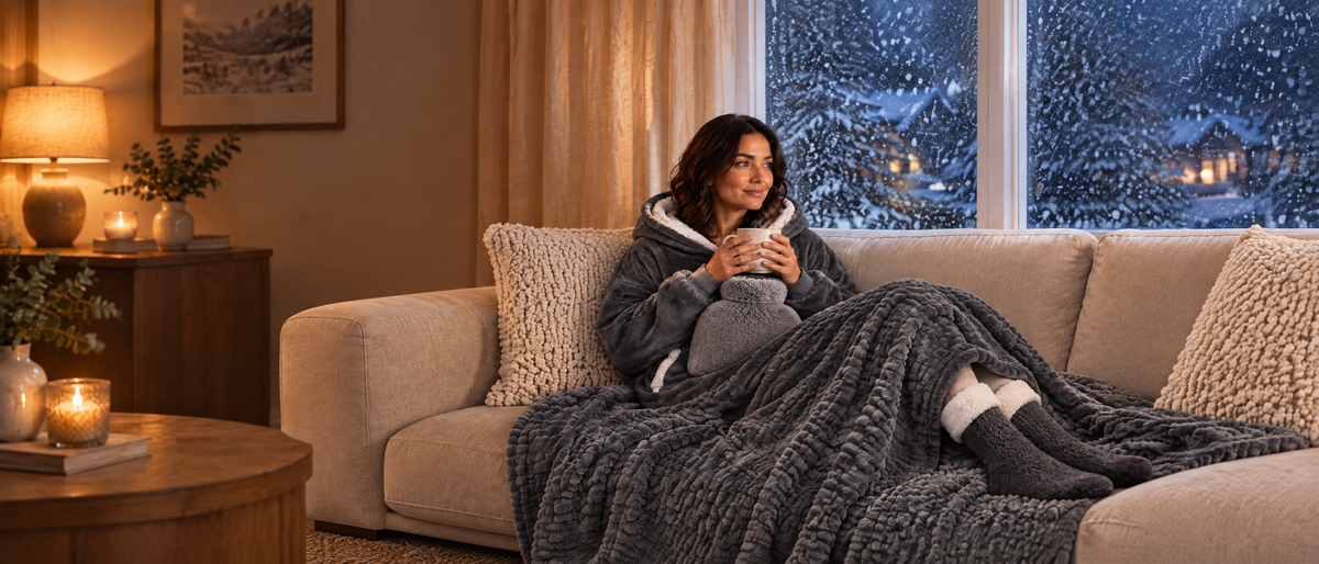 Femme en sweat plaid gris sur le canapé, plaid gris foncé sur les jambes et bouillotte à housse grise