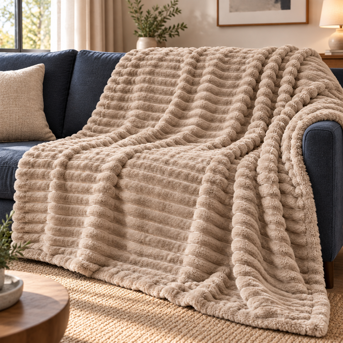 Grand Plaid Beige Kaki 180 × 200 cm pour Canapé et Lit