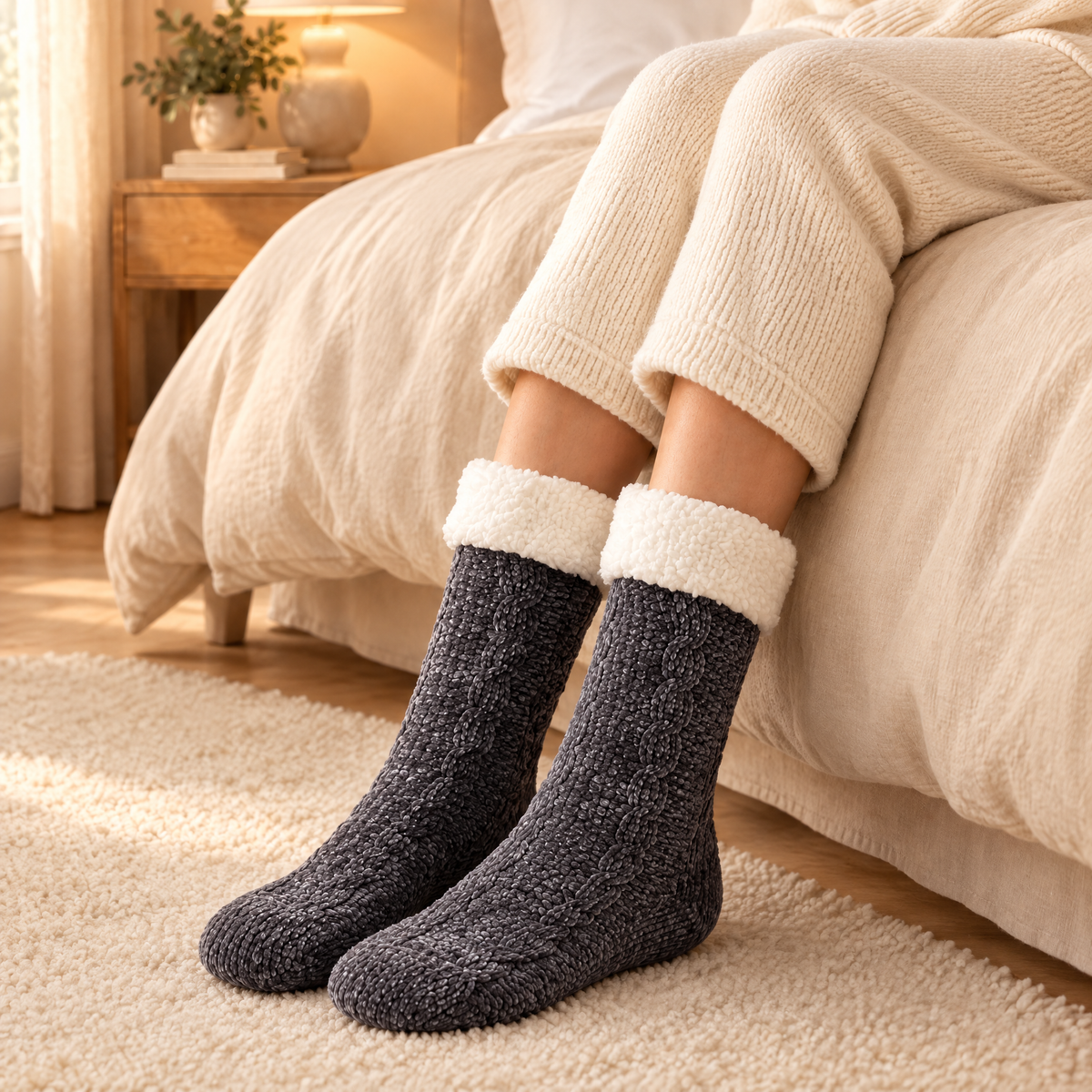 Chaussettes pilou-pilou gris foncé portées au lit, sous une couette claire