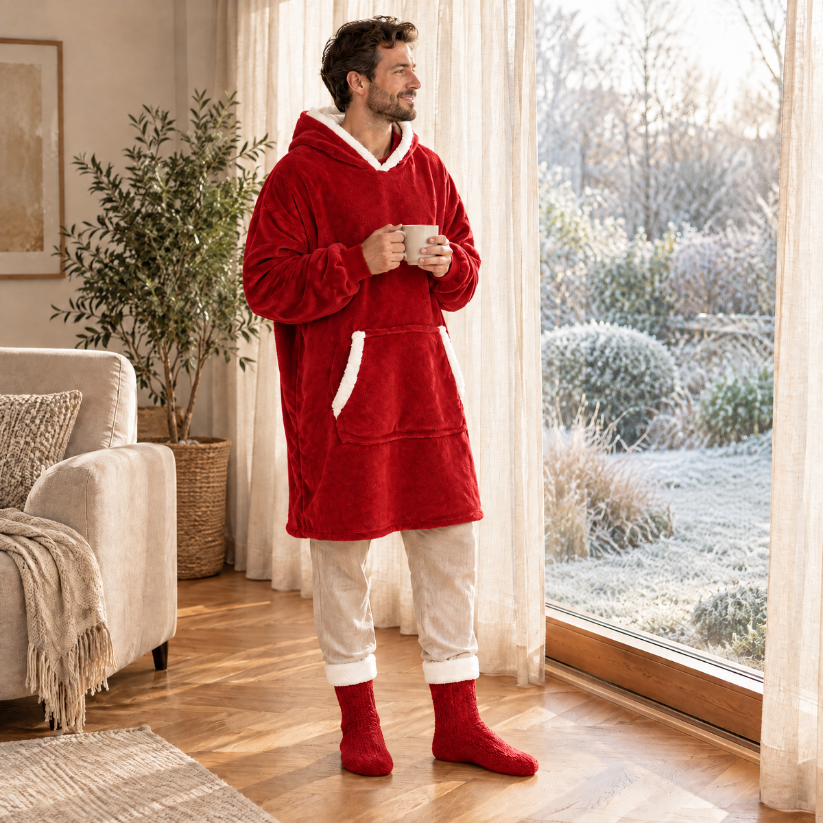 Homme en sweat plaid rouge et chaussettes pilou-pilou rouges devant la fenêtre, un café à la main