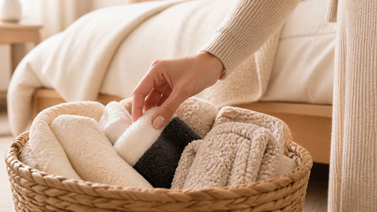 Main découvrant des chaussettes pilou-pilou gris foncé dans un panier de textiles doux