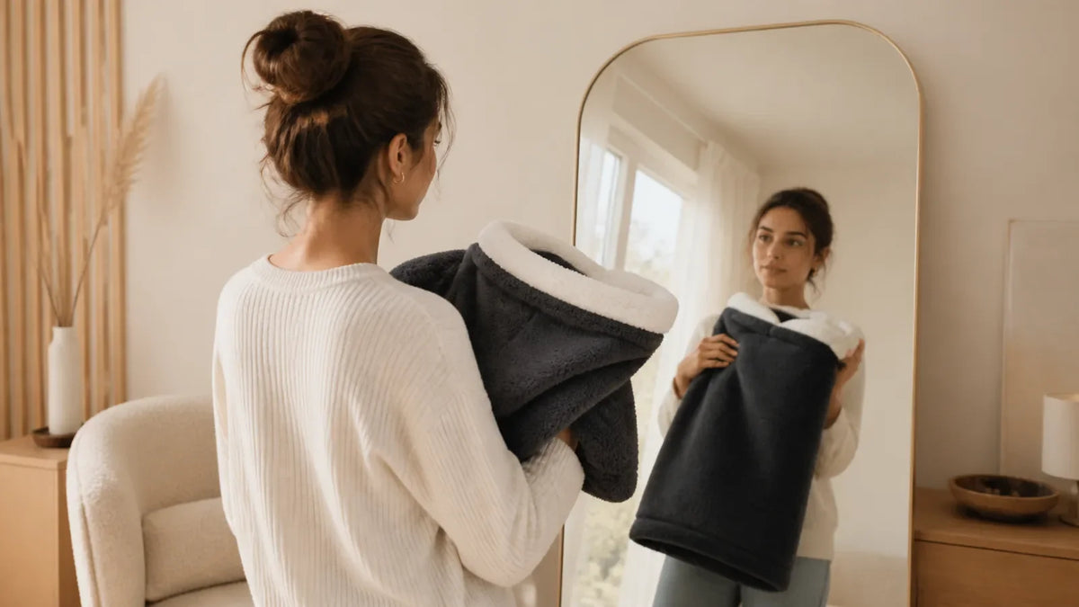 Femme tenant un sweat plaid gris foncé devant un miroir avant de le choisir