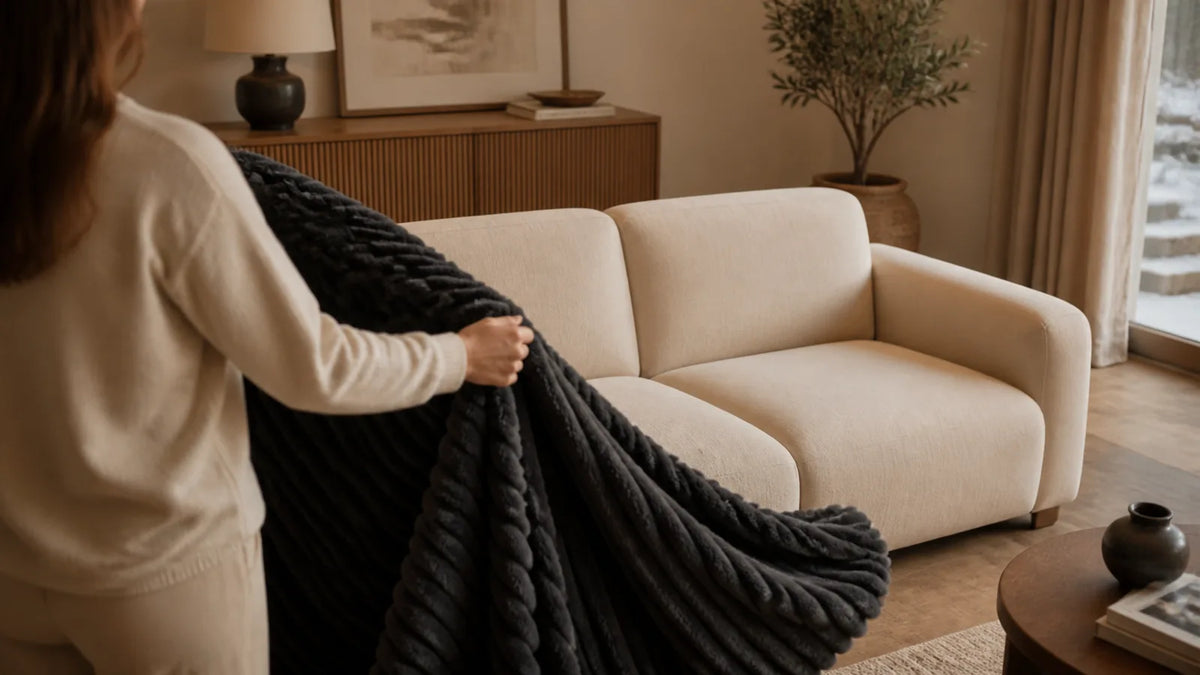 Personne tenant un plaid gris foncé devant un canapé beige avant de le disposer