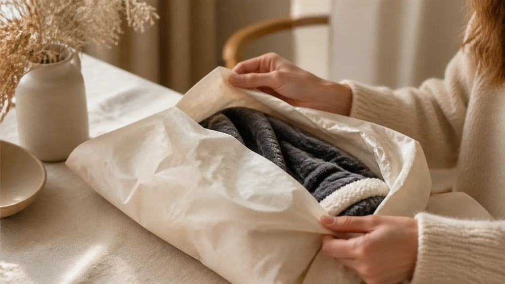 Femme découvrant un cadeau cocooning gris foncé partiellement caché dans du papier de soie