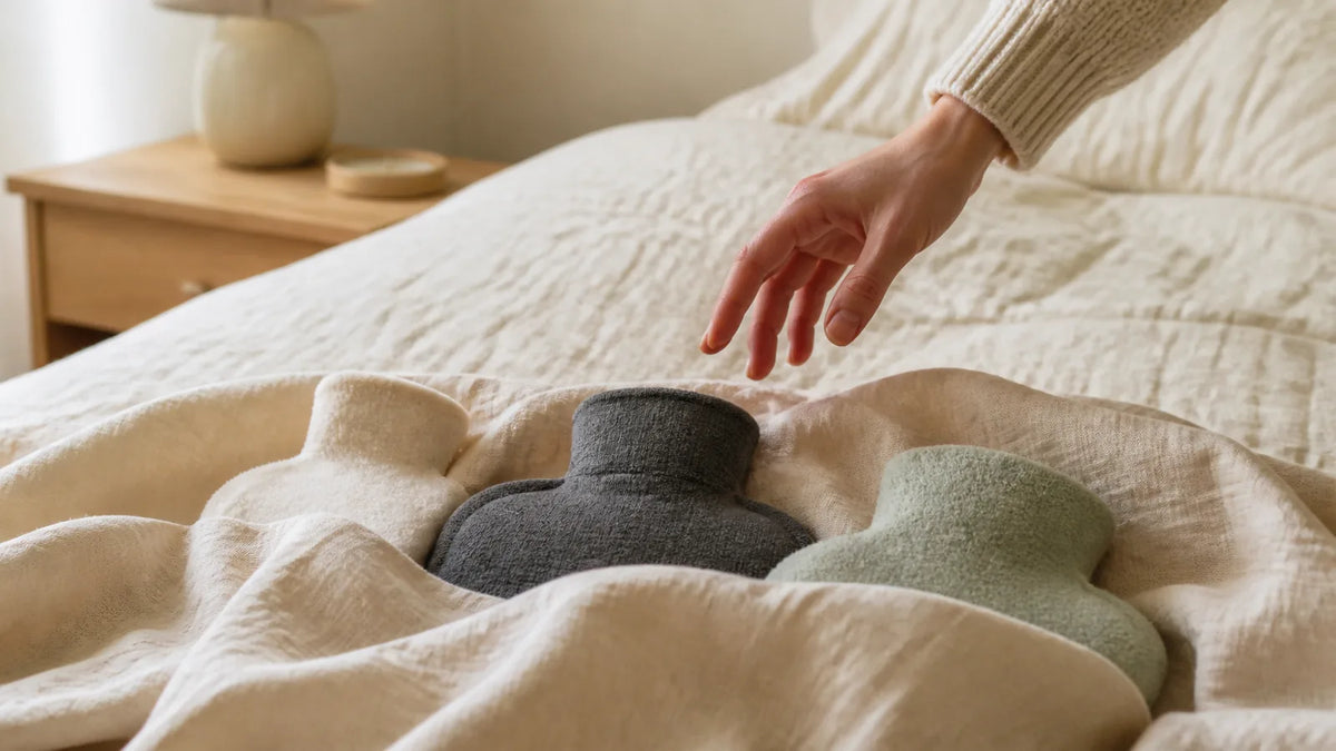 Main hésitant entre plusieurs bouillottes partiellement cachées sous un plaid beige