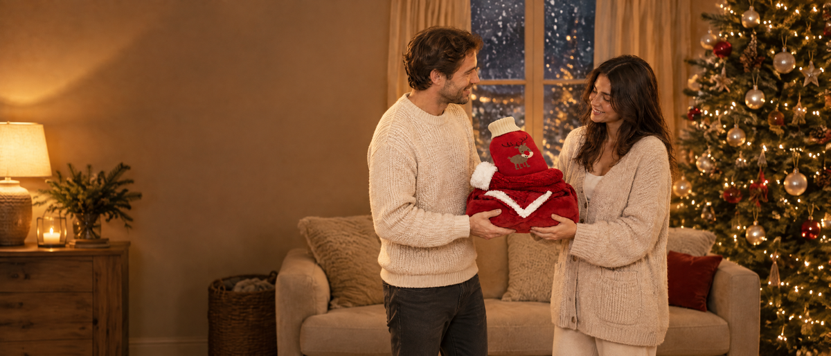Homme offrant un sweat plaid rouge, des chaussettes et une housse de bouillotte renne près du sapin