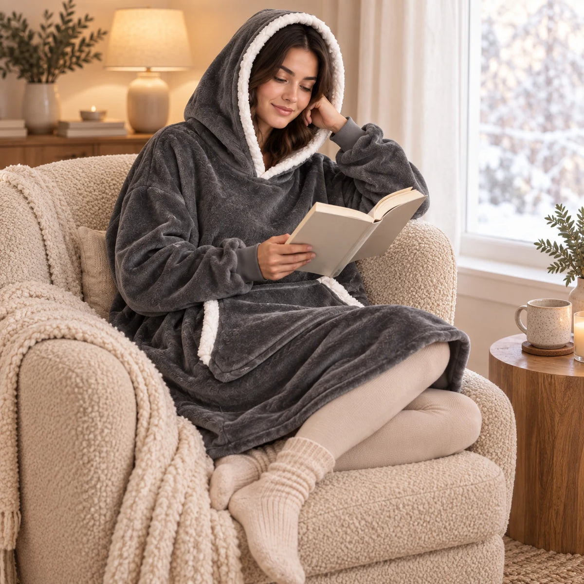 Sweat Plaid Gris Foncé à Capuche – Pull Plaid Cocooning
