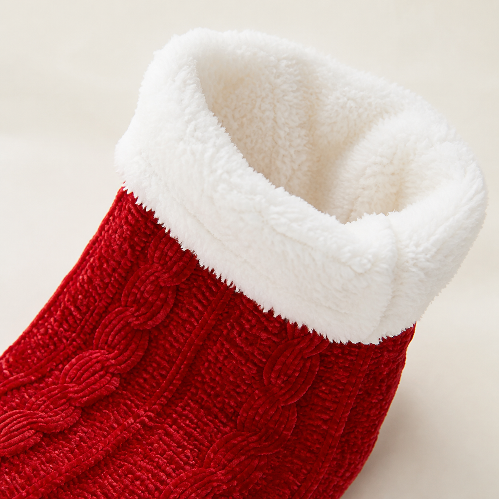 Détail du revers blanc duveteux des chaussettes cocooning rouges
