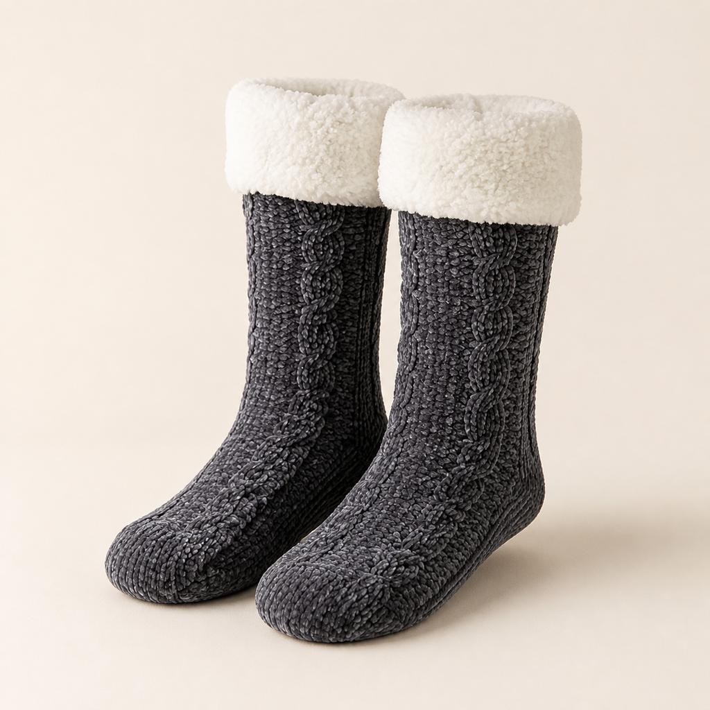 Paire de chaussettes cocooning gris foncé montantes sur fond clair
