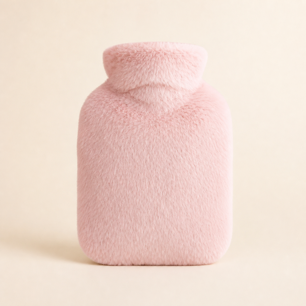Housse bouillotte rose poudré duveteuse avec col haut sur fond clair