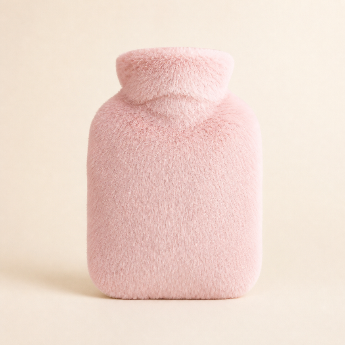 Housse bouillotte rose poudré duveteuse avec col haut sur fond clair