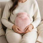 Housse de bouillotte rose poudré tenue sur les genoux dans un fauteuil