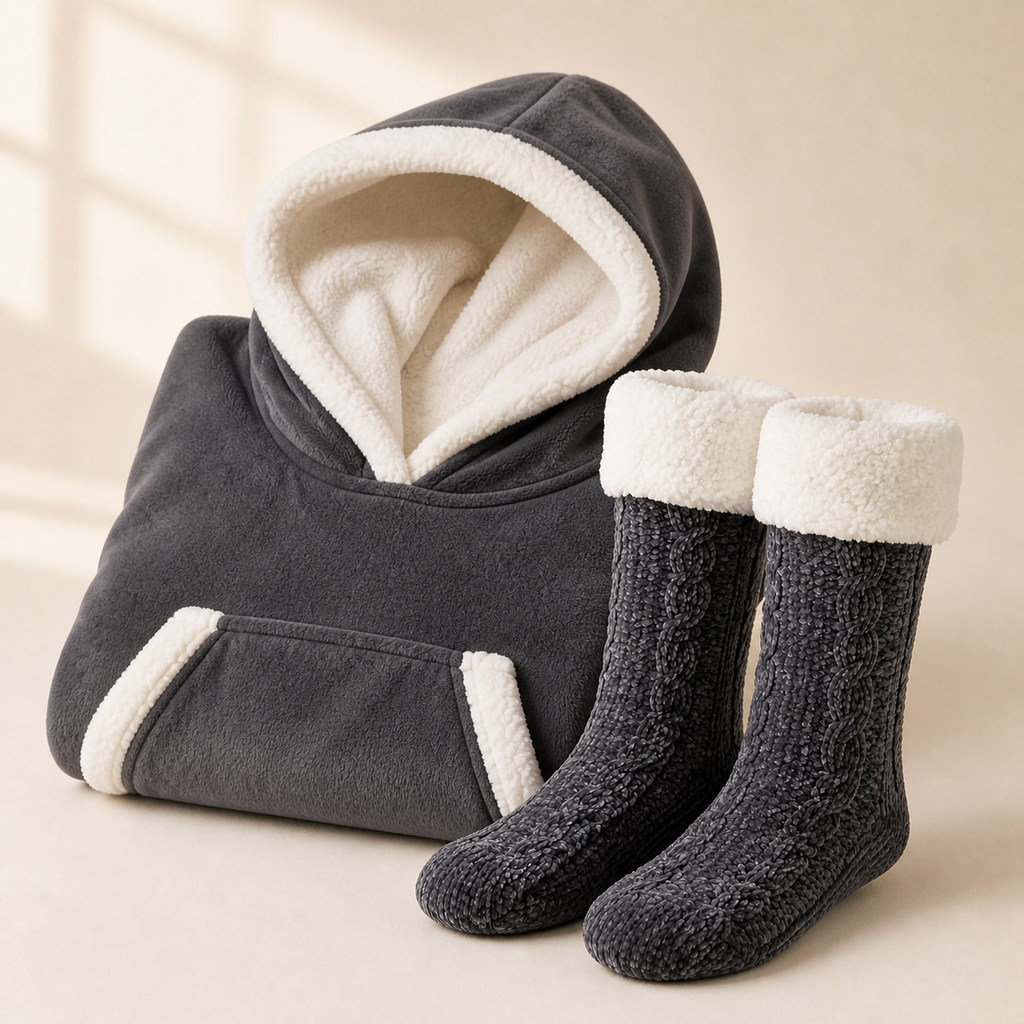 Pack cocooning gris avec sweat plaid à capuche et chaussettes pilou pilou