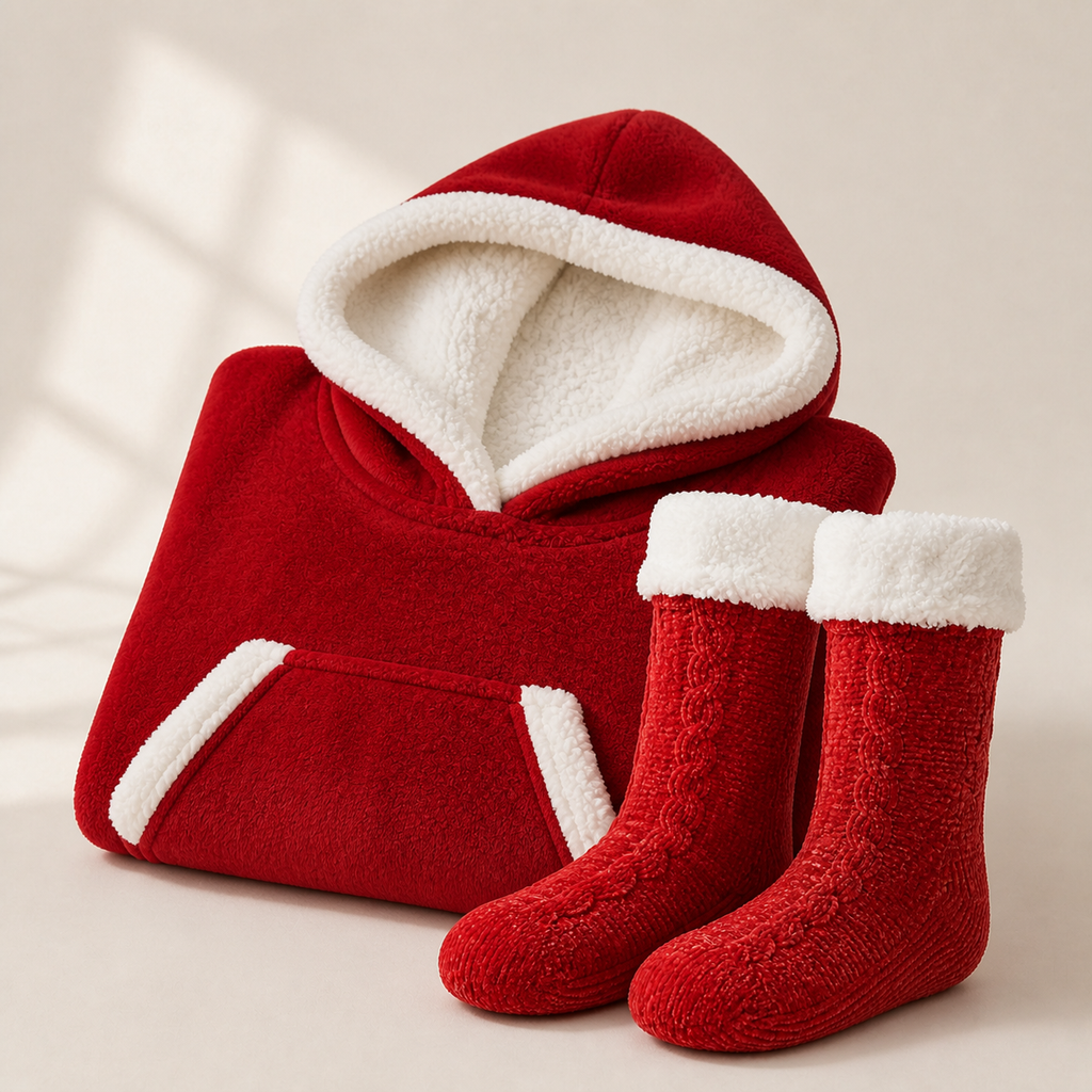 Pack cocooning de Noël avec sweat plaid rouge et chaussettes pilou pilou