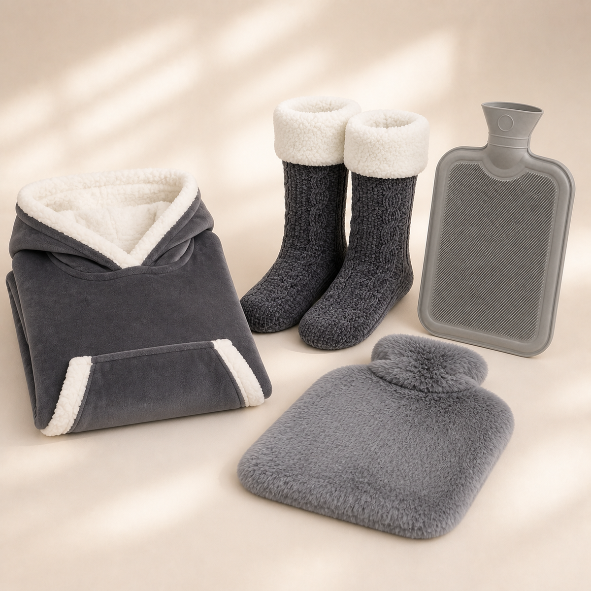 Pack cadeau cocooning gris avec sweat plaid, chaussettes et bouillotte