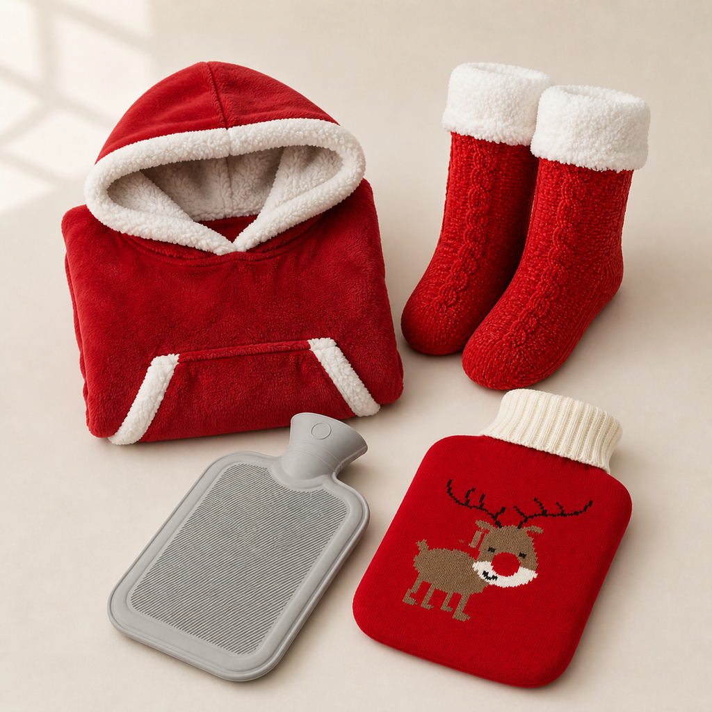 Pack cadeau cocooning de Noël avec sweat plaid, chaussettes et bouillotte