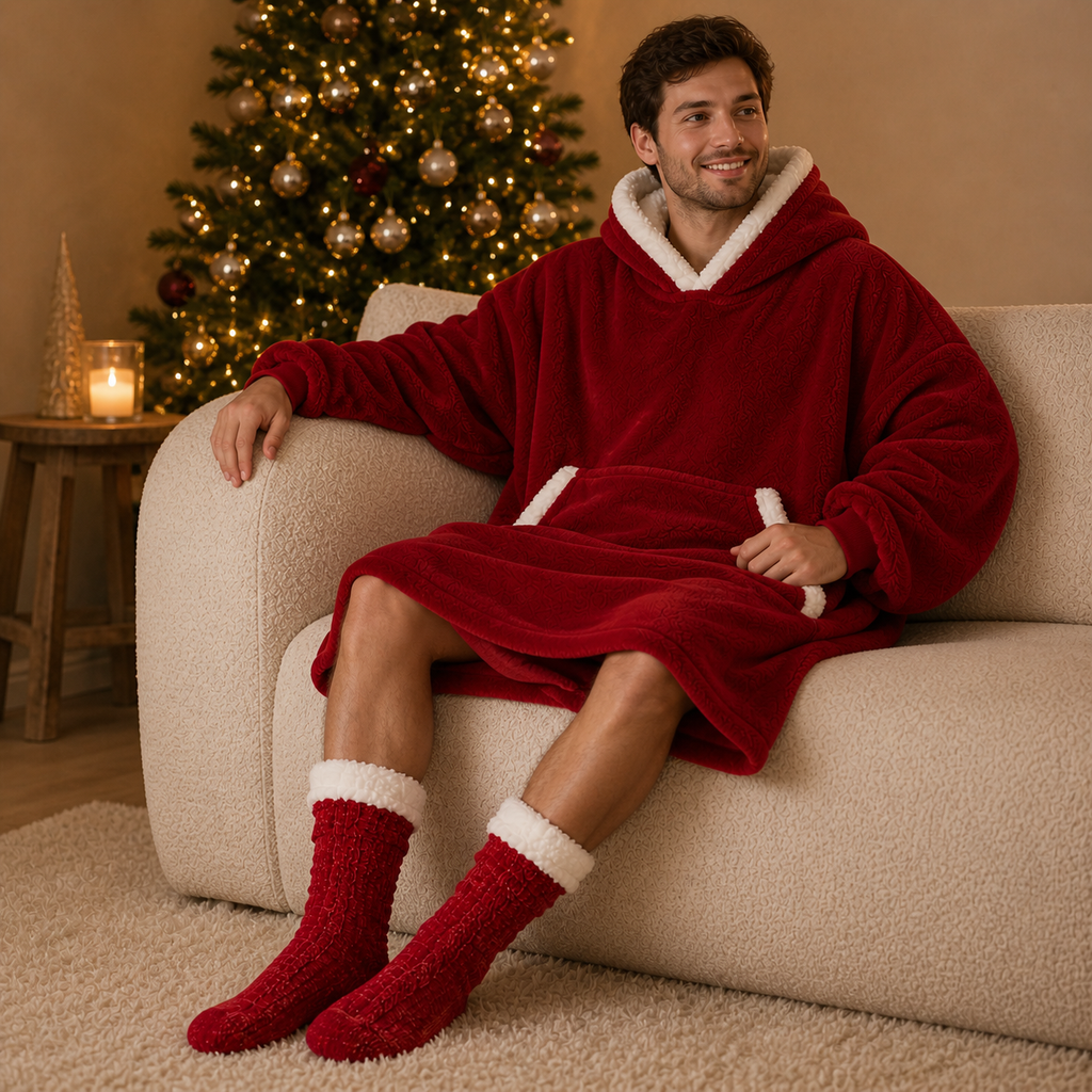 Homme portant un sweat plaid rouge et des chaussettes cocooning devant un sapin de Noël