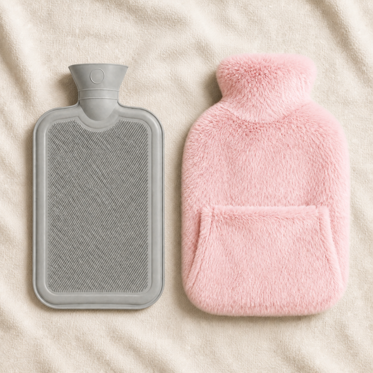 Bouillotte à eau gris clair et housse rose poudré posées sur un plaid beige