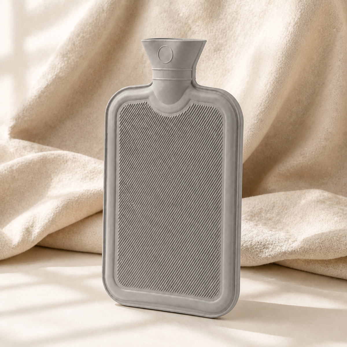 Bouillotte à eau gris clair présentée debout sur du linge de lit