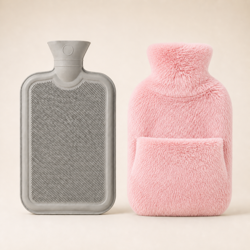 Pack bouillotte avec housse rose poudré à poche pour les mains sur fond clair