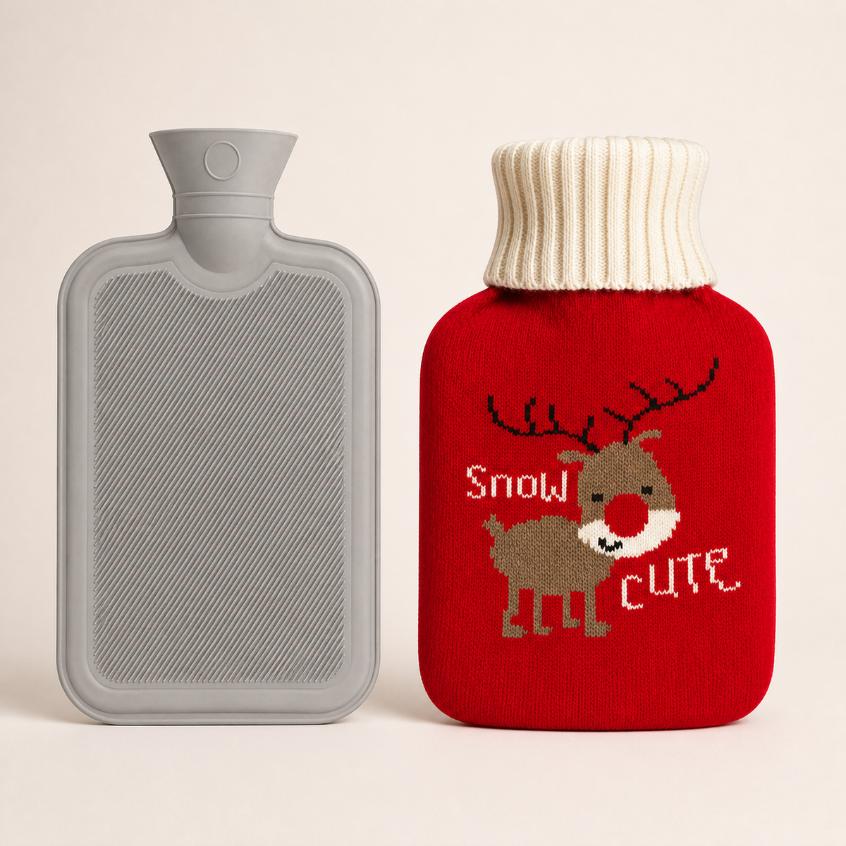 Bouillotte de Noël à eau gris clair avec housse rouge motif renne