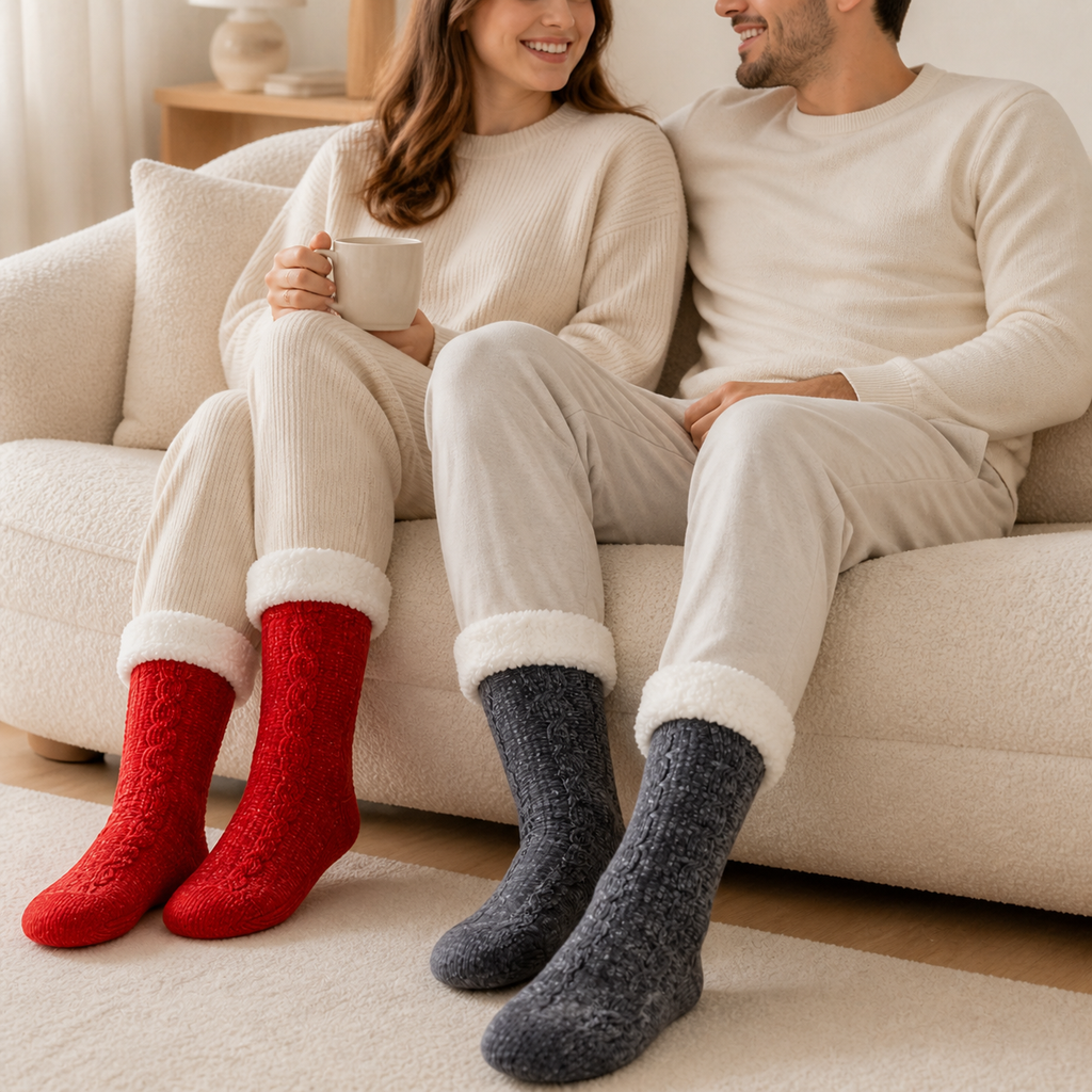 Femme et homme portant des chaussettes pilou pilou rouges et grises