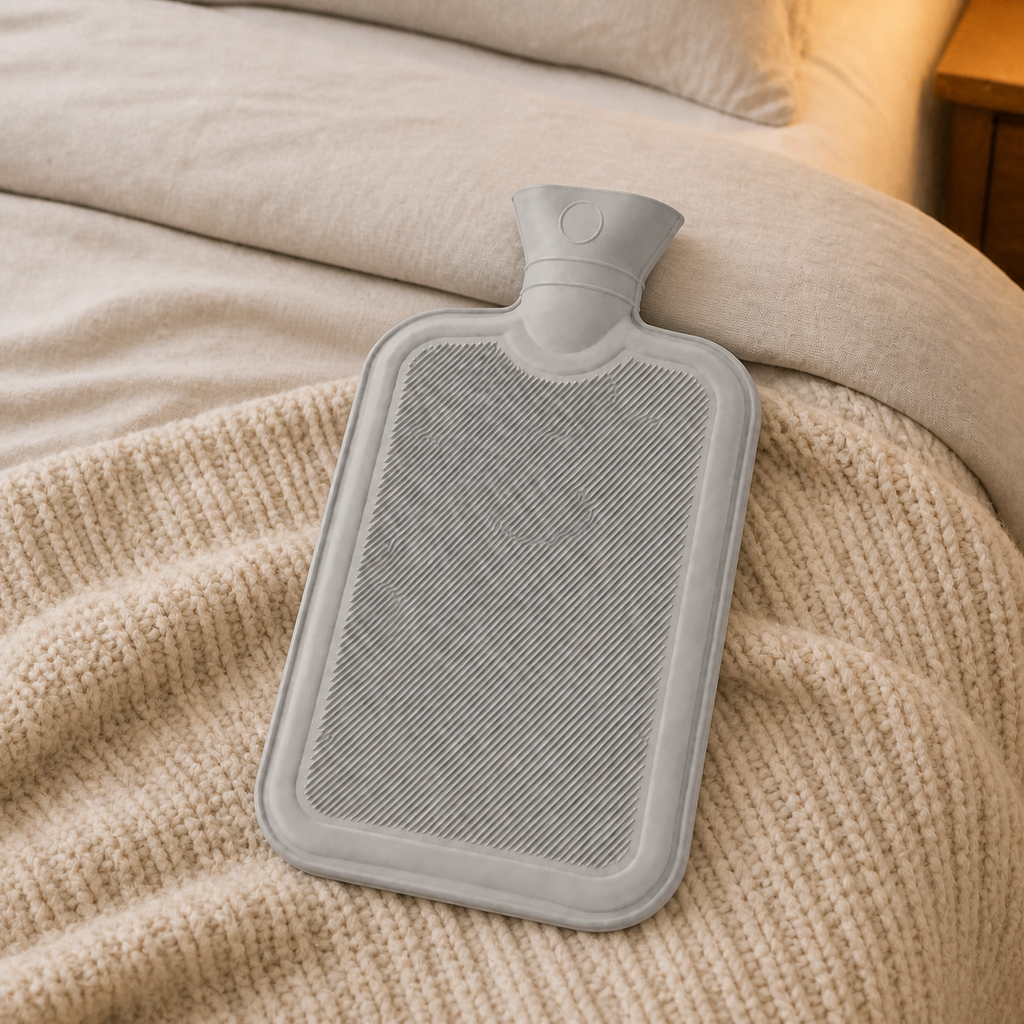 Bouillotte à eau gris clair à surface texturée posée sur un plaid beige