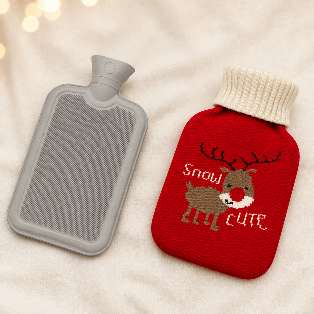 Pack bouillotte de Noël avec housse renne rouge présenté sur fond clair