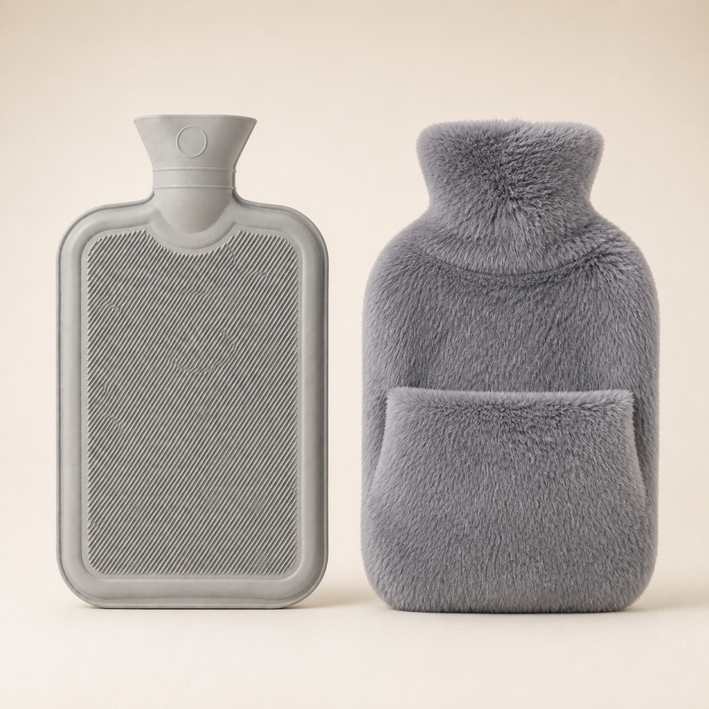 Bouillotte à eau gris clair avec housse grise à poche pour les mains