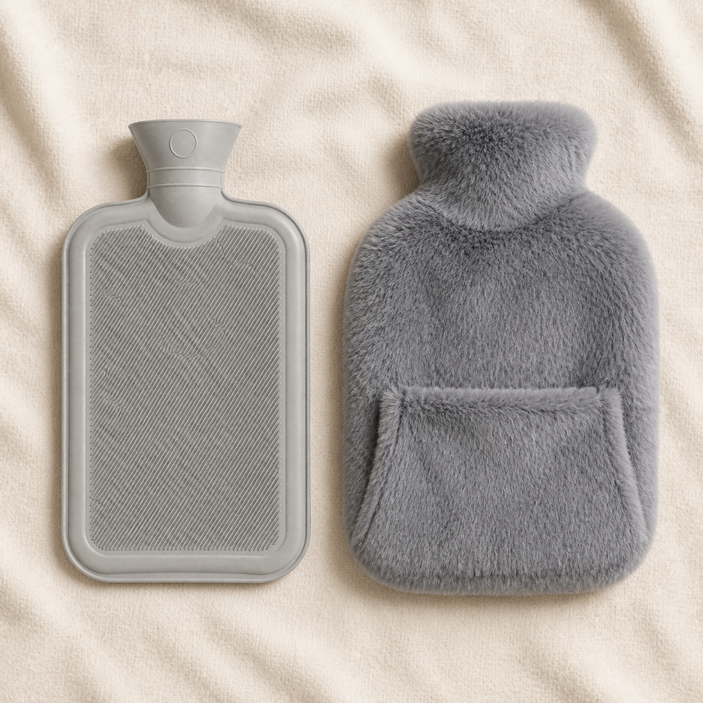 Bouillotte gris clair et housse grise douce posées sur un plaid beige
