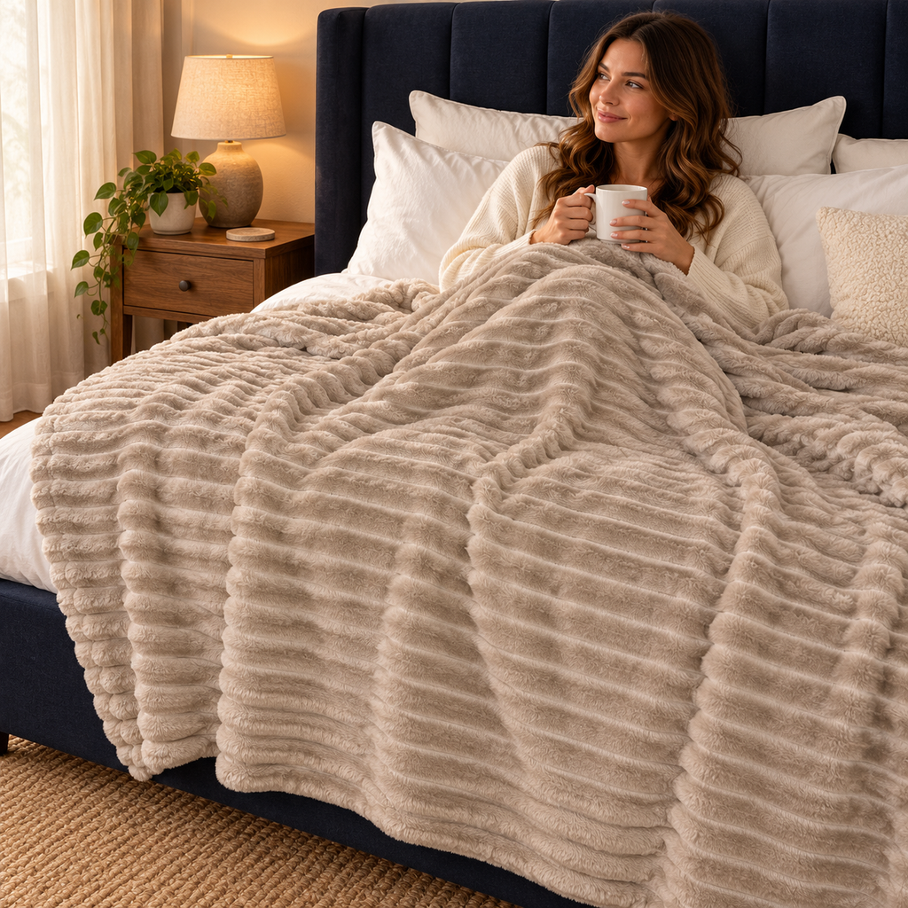 Grand Plaid Beige Kaki 180 × 200 cm pour Canapé et Lit