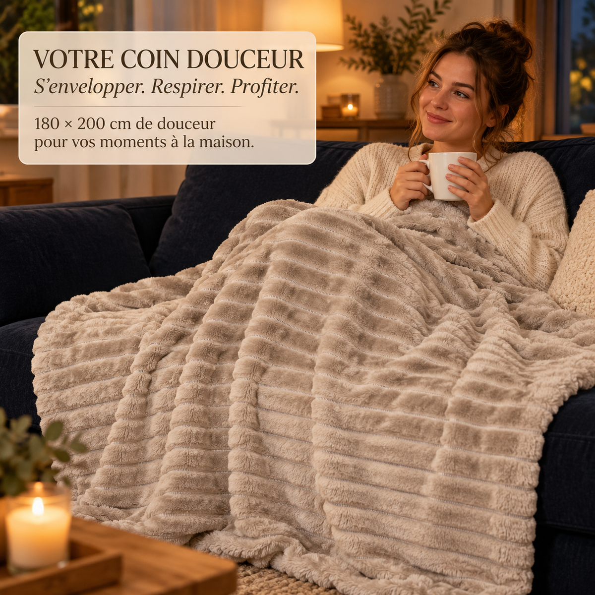 Grand Plaid Beige Kaki 180 × 200 cm pour Canapé et Lit