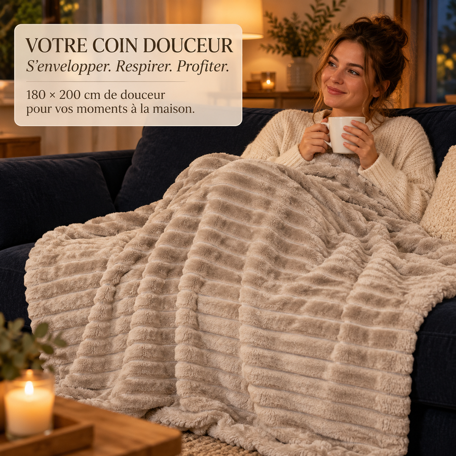 Grand plaid beige kaki VELKSIA sur un lit
