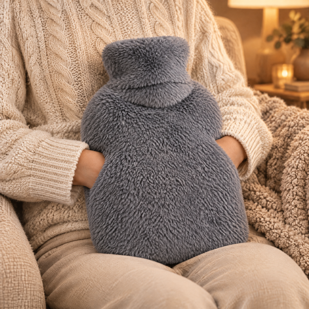 Mains au chaud dans la poche de la housse de bouillotte grise