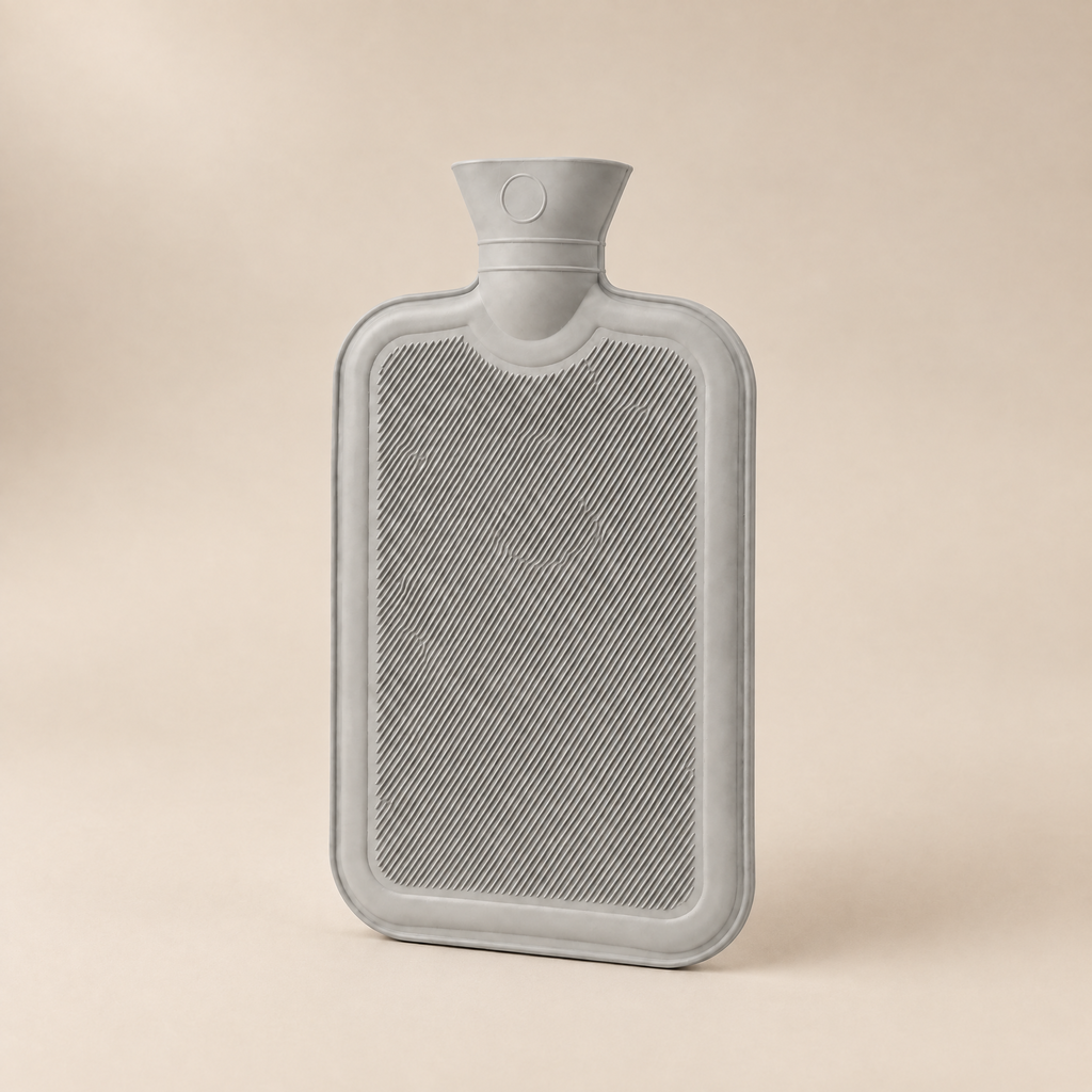 Bouillotte à eau gris clair à surface striée, vue de trois quarts sur fond beige