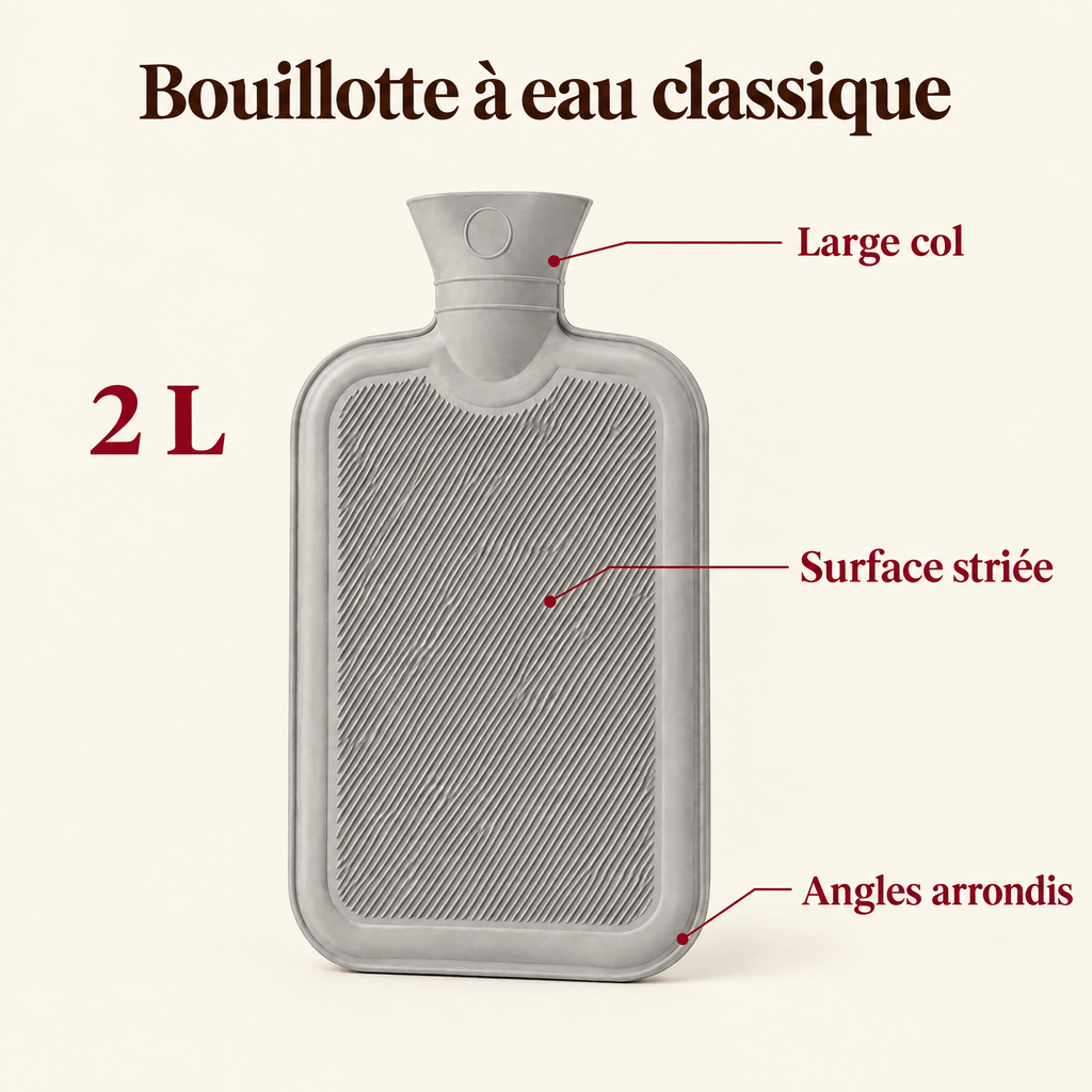 Bouillotte à eau classique 2 L : large col, surface striée, angles arrondis