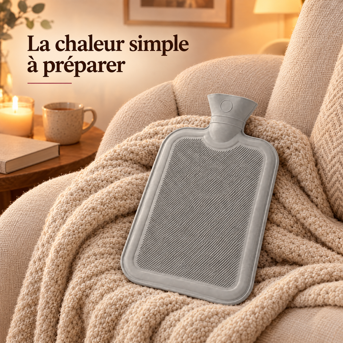 Bouillotte à eau gris clair sur un plaid : la chaleur simple à préparer