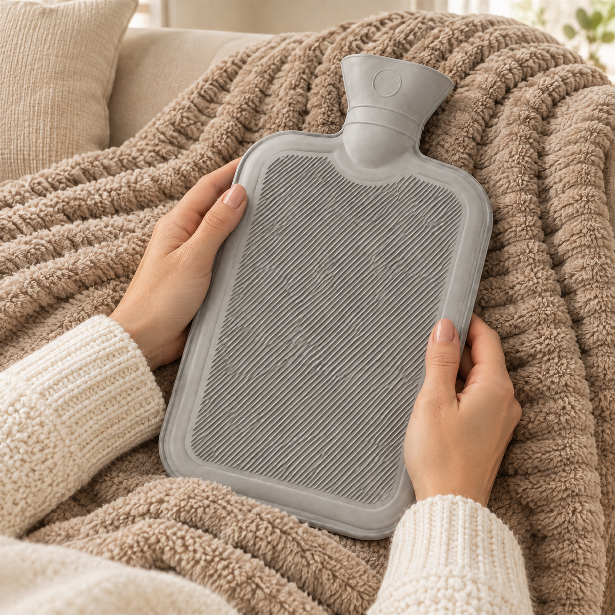 Mains tenant une bouillotte à eau gris clair sur un plaid beige