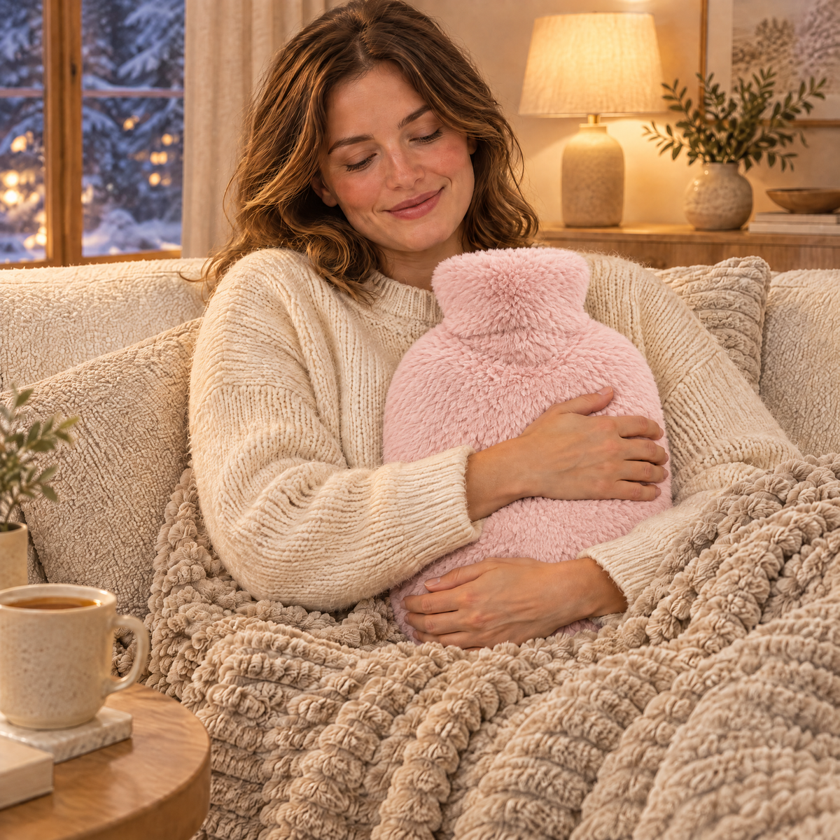 Femme sous un plaid serrant contre elle une bouillotte dans sa housse rose poudré