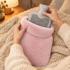 Mains glissant la bouillotte à eau gris clair dans sa housse rose poudré