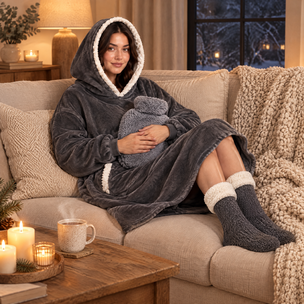 Femme en sweat plaid gris foncé et chaussettes pilou-pilou, bouillotte dans sa housse grise sur les genoux