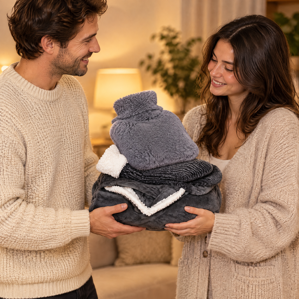 Homme offrant à une femme un sweat plaid gris, des chaussettes pilou-pilou et une housse de bouillotte grise