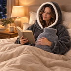 Femme au lit qui lit, capuche du sweat plaid gris sur la tête et bouillotte à housse grise contre elle