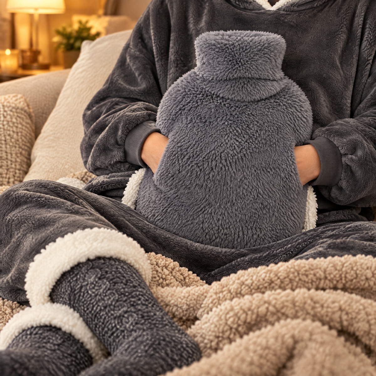 Mains glissées dans la poche de la housse de bouillotte grise, sweat plaid et chaussettes gris