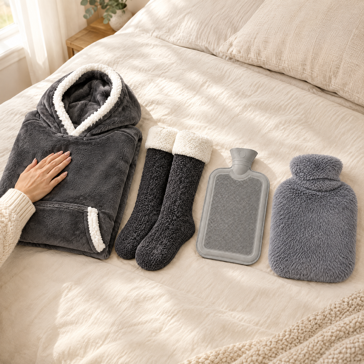 Les 4 pièces du pack : sweat plaid gris, chaussettes pilou-pilou, bouillotte et housse grise