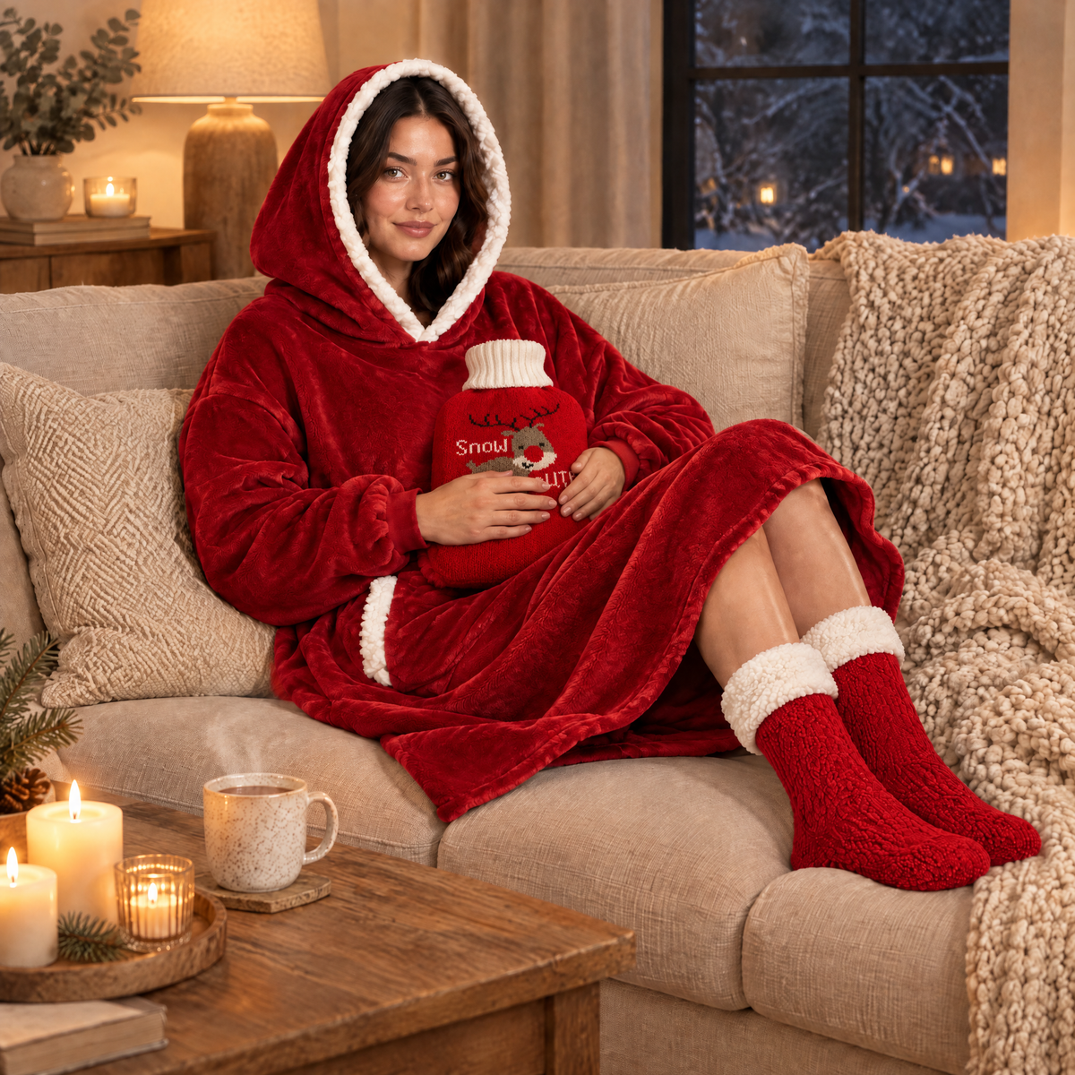 Femme en sweat plaid rouge et chaussettes pilou-pilou rouges, bouillotte dans sa housse renne sur les genoux
