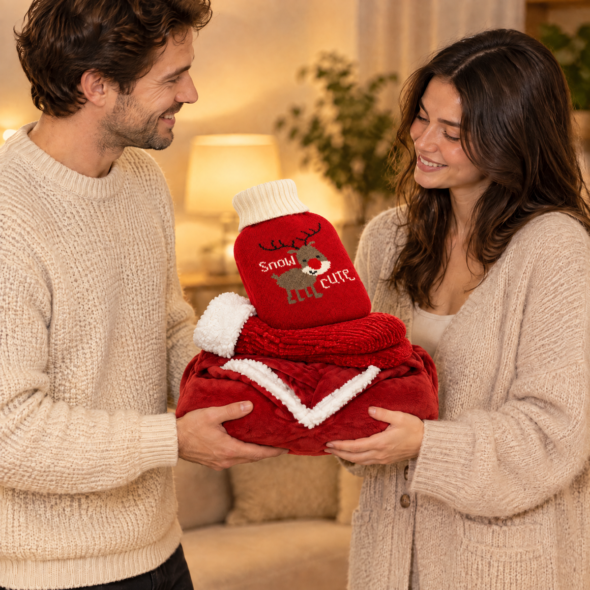 Homme offrant à une femme un sweat plaid rouge, des chaussettes pilou-pilou rouges et une housse de bouillotte renne