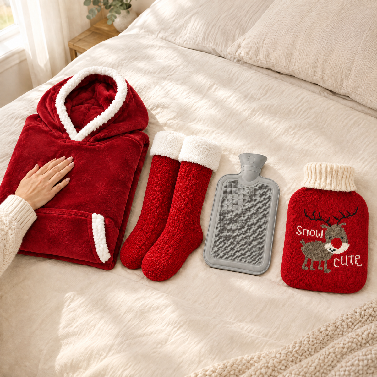 Les 4 pièces du pack de Noël : sweat plaid rouge, chaussettes pilou-pilou, bouillotte et housse renne