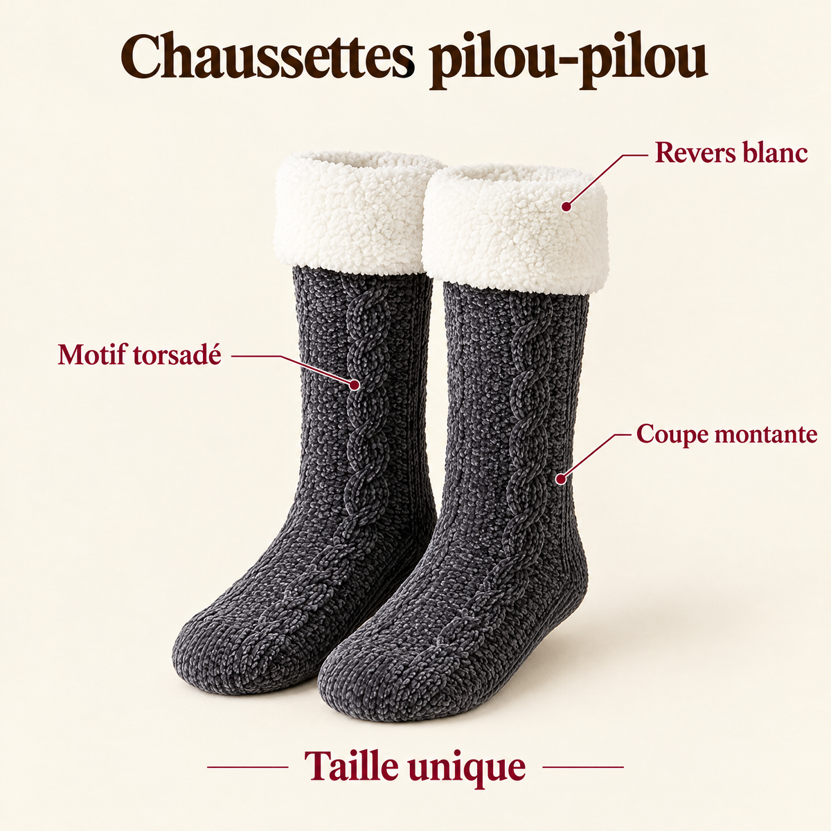 Chaussettes pilou-pilou gris foncé : revers blanc, motif torsadé, coupe montante, taille unique